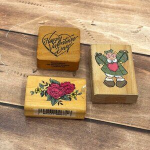 -1992/93 COMOTION #809 JOY #671 ROSES  WOOD MOUNTED RUBBER STAMP SET OF 3 HEART
